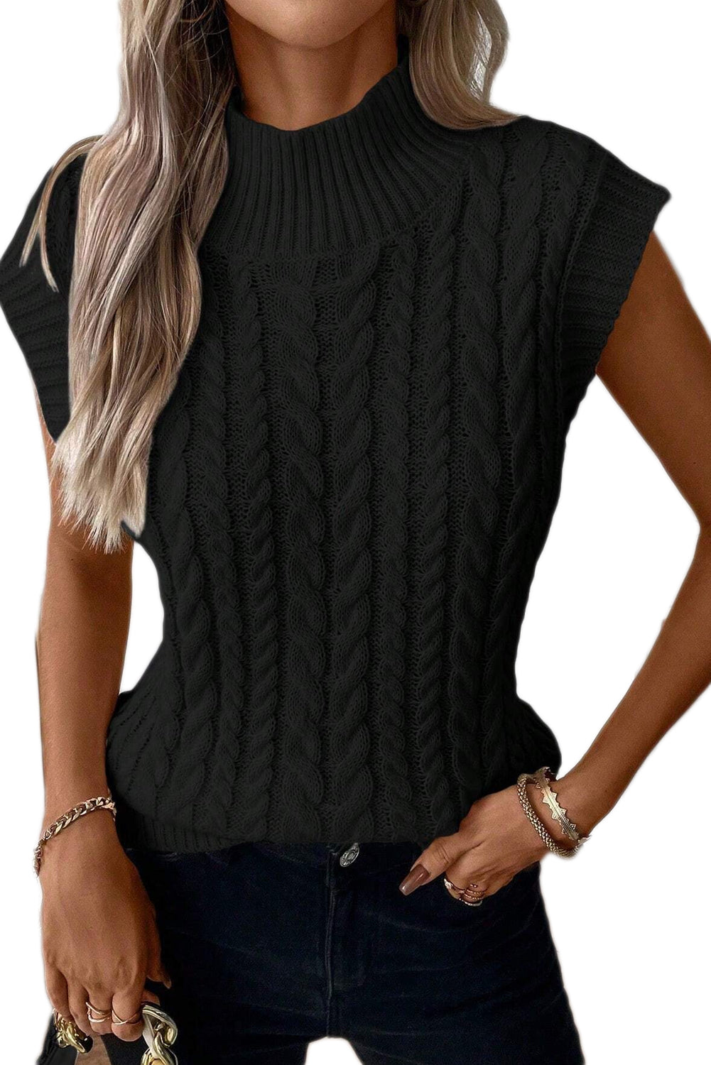 Oatmeal Cable Knit High Neck Sweater Vest